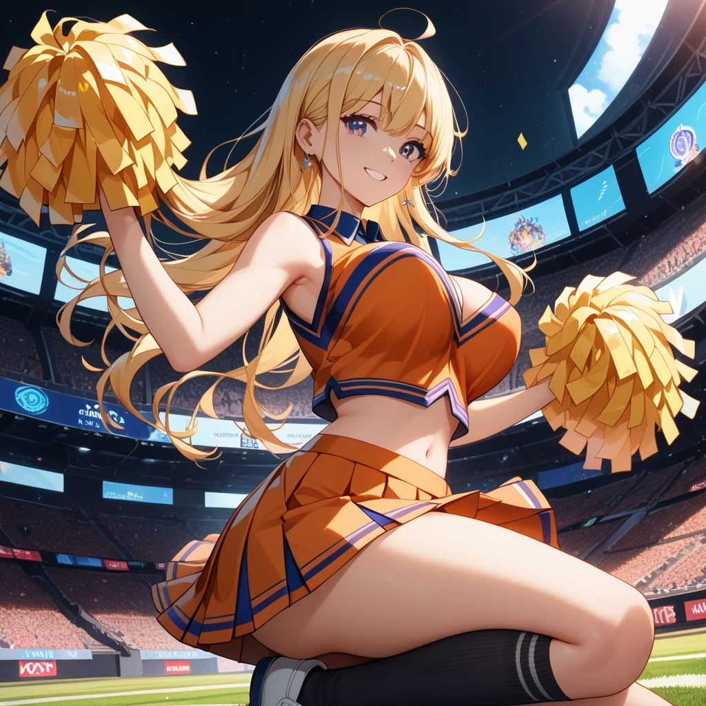 (Best quality:1.3), kitagawa, large breasts, pink cheerleader uniform, cleavage, smiling, (pov), stadium background