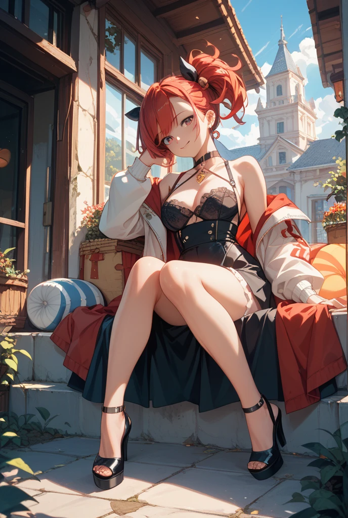 absurd res, high res, (masterpiece:1.4), ultra-detailed, 1girl, from above, space, floating, Chinese dress, red dress, stockings, red hair, blue eyes