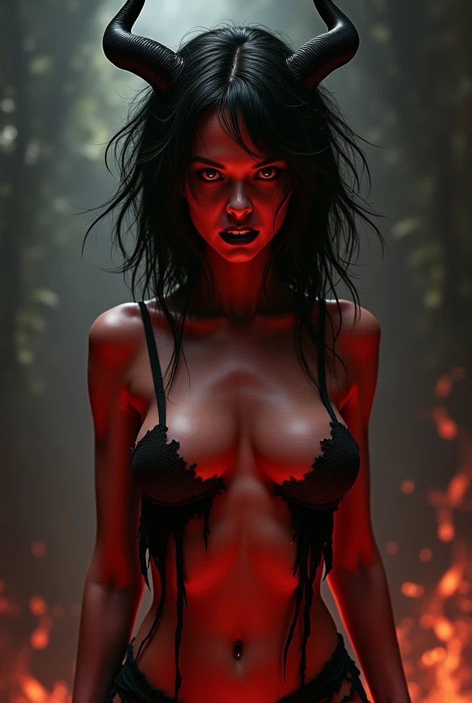 A woman standing in flames and in the forest, Not 20, long black hair, blood red lips, red normal eyes, her gaze powerful, only body from the belly up to see