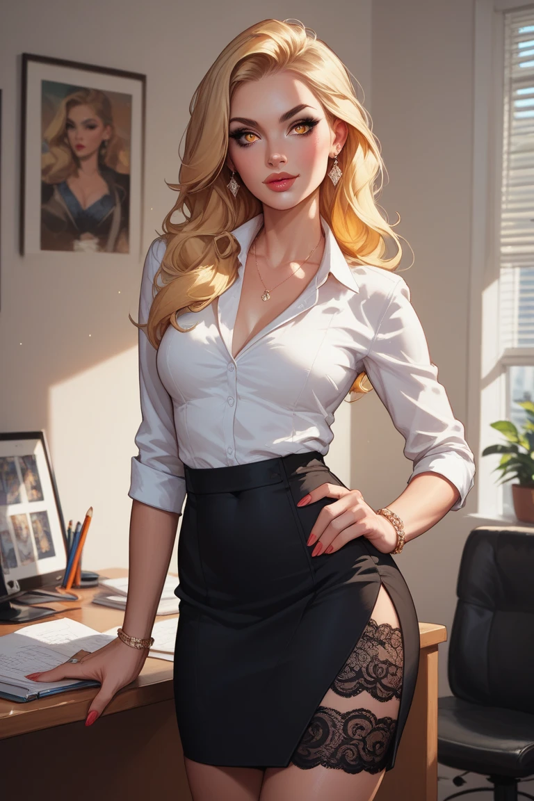 (masterpiece, best quality:1.3, realistic style), 1girl, nice hands, cowboy shot, upper body, flirting, 18yo, beautiful hips, blond hair, blue eyes, front layers hairstyle, unbutton, black skirt, white shirt, university, fair thigh, office, work