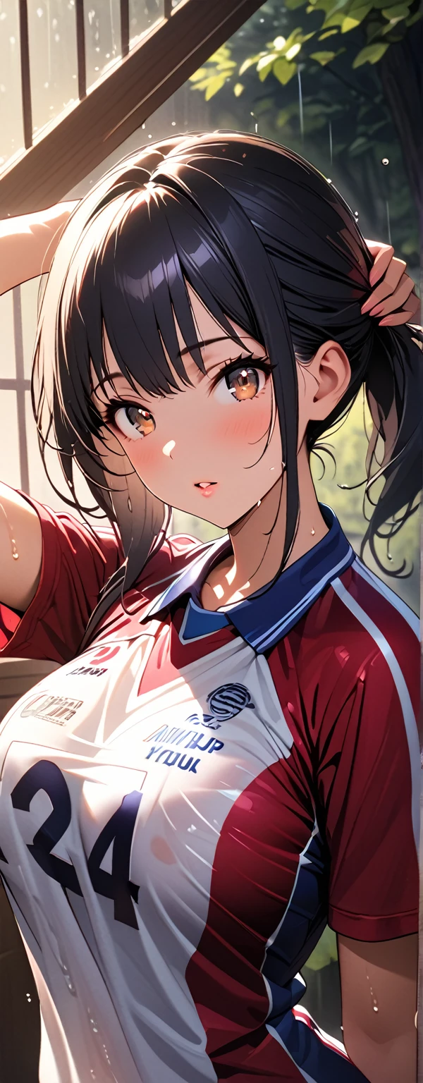table top, highest quality, High resolution, perfect pixel, 4k,, 1 girl, single, alone, Beautiful woman、I could see the whole body、 ((ponytail、wavy hair, bangs, brown hair)), ((brown eyes, beautiful eyelashes, realistic eyes)), ((detailed face, blush:1.2)), ((smooth texture:0.75, realistic texture:0.65, realistic:1.1, Anime CG style)), medium breasts, dynamic angle, perfect body, ((sit with legs spread、Red and white volleyball uniform、Red and white short-sleeved shirt、pink lace panties、Not wearing shorts、、、、))、locker room、、Very embarrassing panic smile、upper grade、、My breasts with transparent nipples are wet、cover your chest with both hands