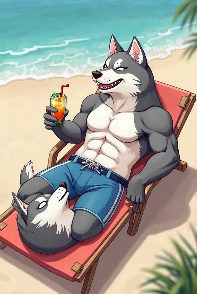 Anthropomorphic Wolf, Jimmy Crystal, Outside Pool, High Noon, Lounging, Flip Flops, Revealing Gold Speedo, Casually Laughing, Talking on Cellphone, Cocktail in Hand, Schmoozing, Smirk, Nice Butt, Ray ban Sunglasses, Solo, Highest Quality,  <lora:Furtastic_Detailer:1> <lora:LoraJimmyBY_jimmycrystal:1>