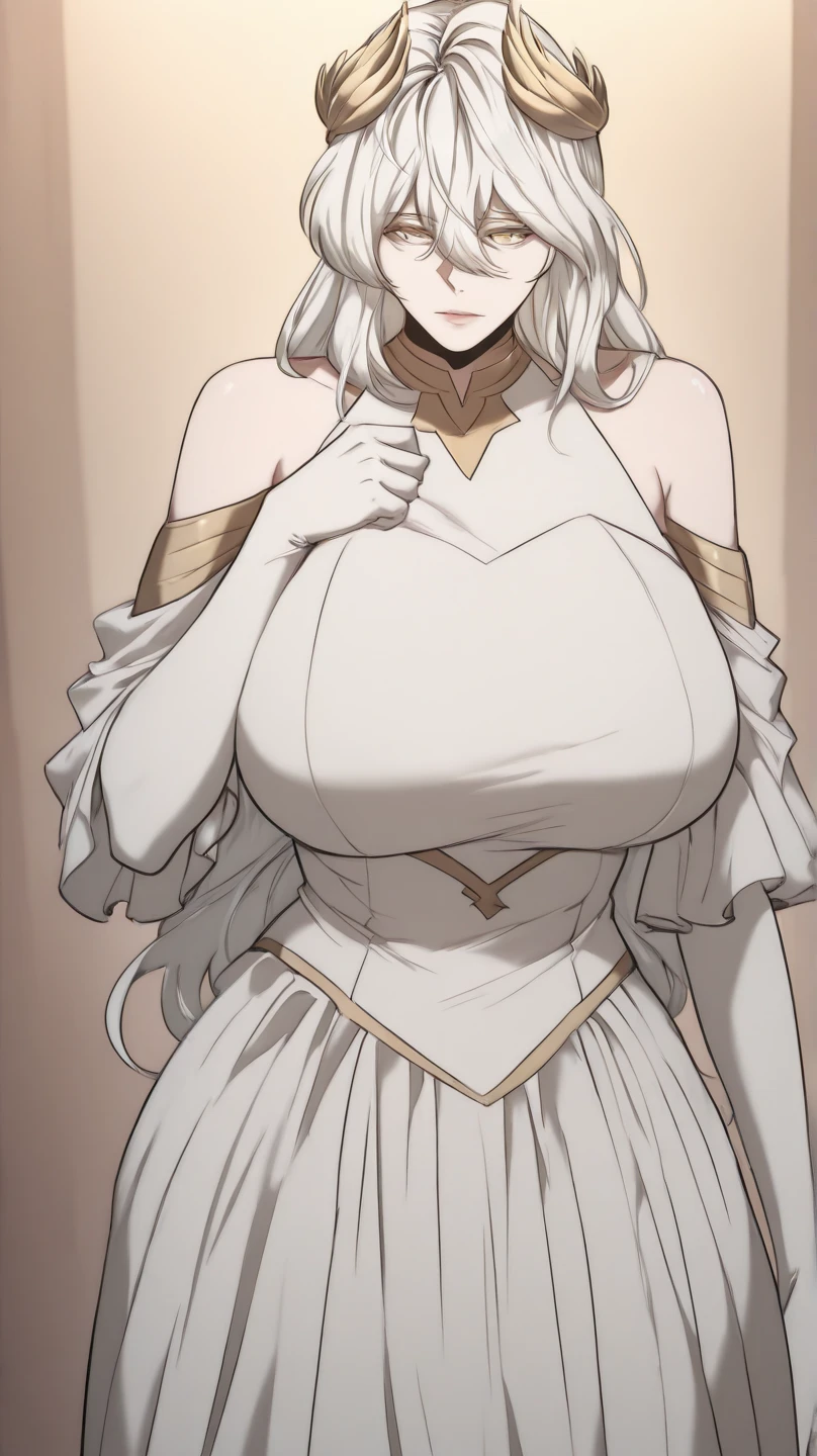 Alice, Anime art style, One girl, 一人in, chest, Looking_in_Audience, smile, short_hair, Open_mouth, big_chest, red_eye, hair_between_eye, upper_body, white_hair, :D, Blurred, chef