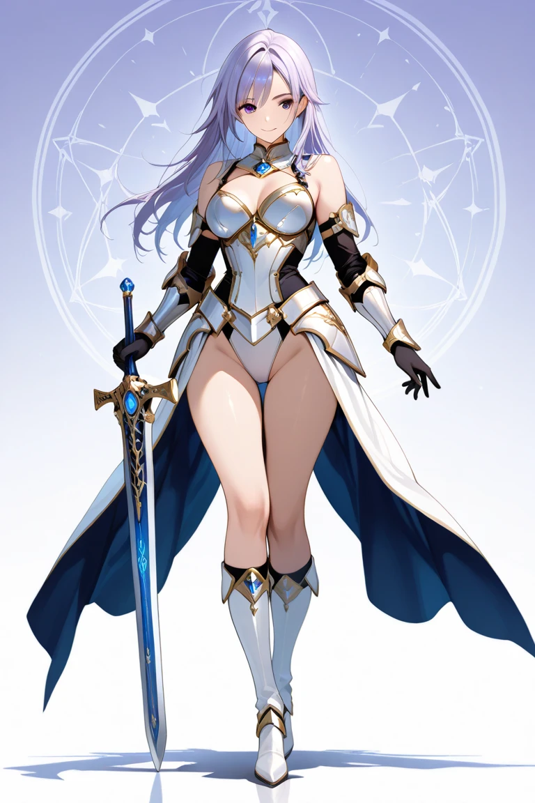 a woman in a white dress holding a big sword, she is holding a sword, young blademaster, highheels boots, blue hair, anime style, ultra detailed, proportional hands, highres, 4k, castle background