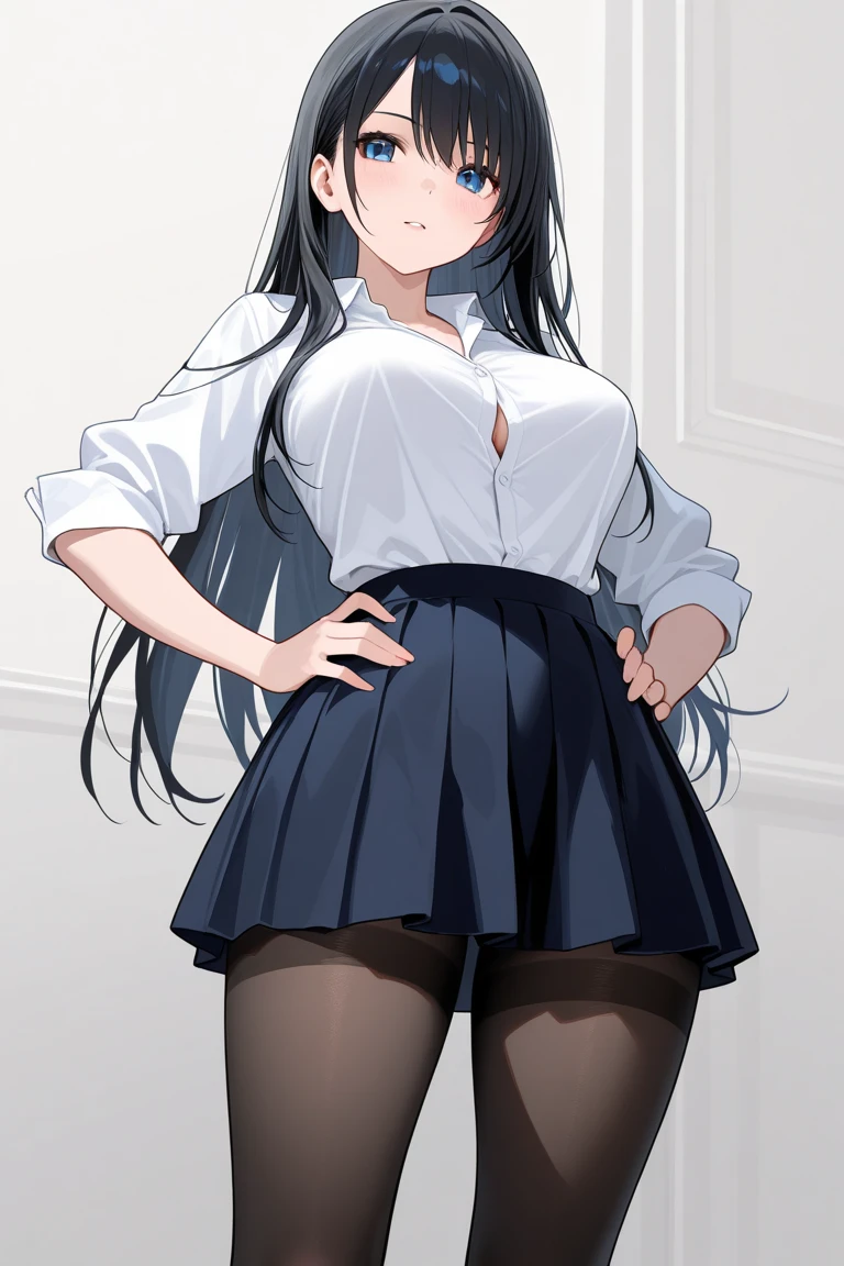 17 year old girl, pretty face and beautiful,  pretty lips, purple eyes, long straight black hair, slightly big breasts, semi-large thighs, hip a little wide, thin waist, clothes tights and a black skirt.   White shirt with a black cape and a mask next to his face a white hollow knight mask 