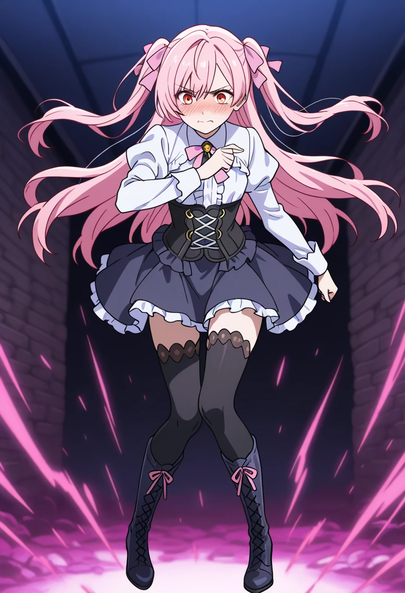 score_9, score_8_up, score_7_up, score_6_up, score_5_up, score_4_up, source_anime, 1woman, floor, pink hair , long hair, black eyes, w-w-chain, shackles, spread arms, smile, messy hair, black topics, skirts, black stockings, red high heels, windows, evening, dungeon, best quality, best res, 4K UHD,
 close-up, Looking at the viewer, 