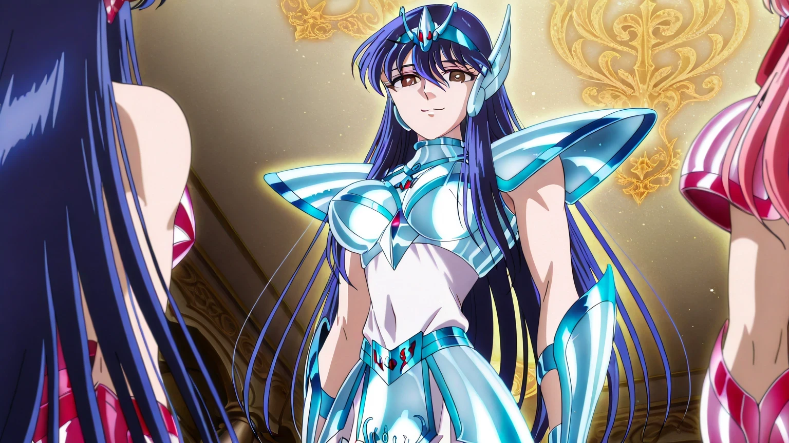 ((highest quality)), ((masterpiece)), (detailed), (Perfect Face)、The woman is an alien named Mercury, wearing a gorgeous alien dress decorated in purple and black with gold, with short blue hair and a completely alien body.、The woman is happily embracing and kissing the powerful alien king.