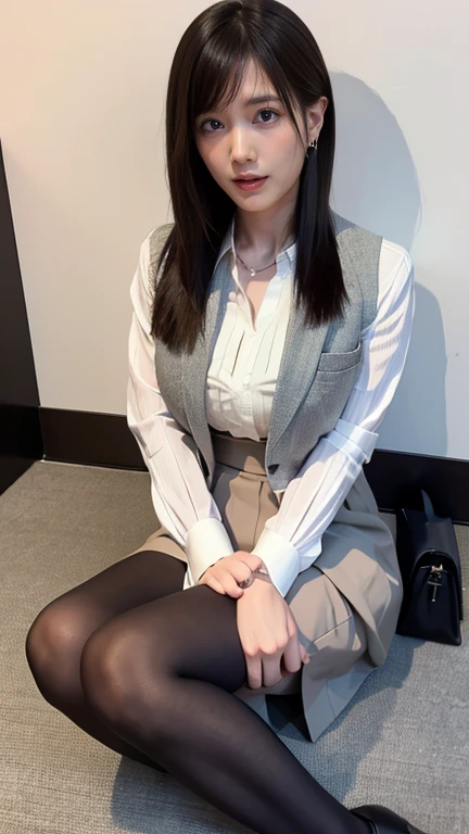 Ulchan-6500-v1.1, (RAW photo:1.2), (Photoreal), (genuine:1.4), 1girl、perfect anatomy、42 years old、look at the camera、medium long hair、plaid vest、((sitting on the bed:1.3))、(super realistic pantyhose:1.2), (Stretch your toes:1.2)、(Don't wear shoes), (Business service)、