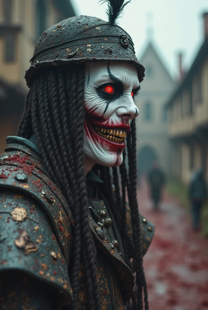 (medium full shot ) of undead knight screaming, detailed face, located in a horrifying scene at a abandoned creepy carnival during twilight with windy weather, illuminated by moonlight casting shadows, creating a eerie creepy atmosphere, detailed face, ,Masterpiece,best quality, photo, realistic, very aesthetic