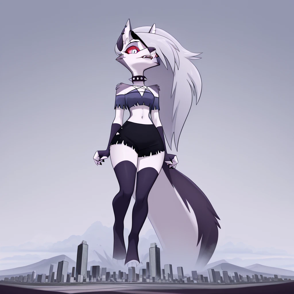 Skunk, Furry ,black fur, black eyes,Sexy, white front hair, long white hair, (((tight red dress))), ((large boobs)), (walking down city street), cartoon style