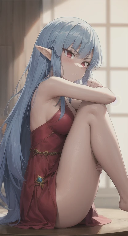 (best quality), (masterpiece), ultra-detailed, illustration , (an extremely delicate and beautiful), extremely detailed CG unity 8k wallpaper, 1girl, solo, blue hair, hair ornament, parted sleeves, dress, white thigs, bare foot, stairs, big house, vanishing point,