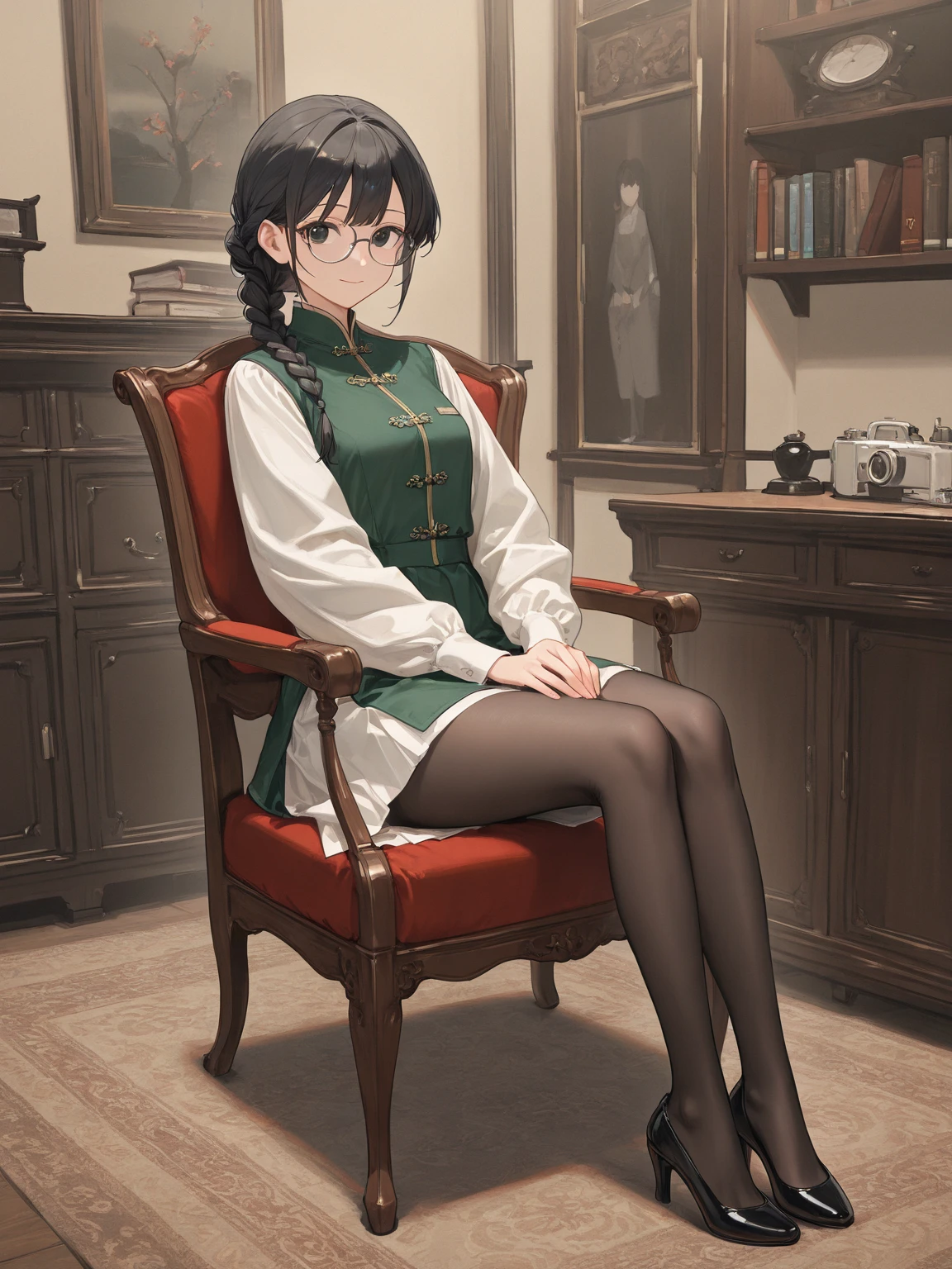 (masterpiece, best quality:1.2), ((Extremely detailed)), high resolution, Anime style , photo, photography, Detailed background,1. Beautiful woman Lei Dianming, (Pantyhose), boots,Cowboy shooting, Looking at the audience,A faint smile, earrings, skirt, Necklace, Vest, Cross your legs, From below, On the sofa, Windows, living room,Anime style,brown hair,