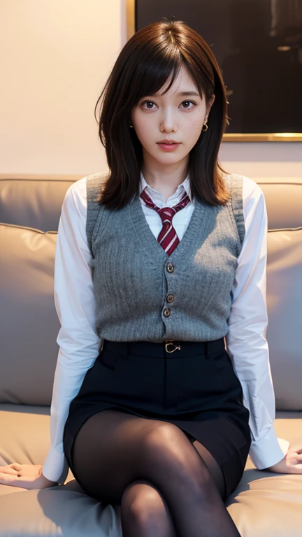 Photo realistic、Photorealistic Black Hair、short hair、Curly Hair、Bans drooping eyes、Round face、Round face contours、Plump Cheeks、Small Mouth Glasses、Round Glasses、Big glasses、Black-rimmed glasses、uniform、White shirt、Red tie、Beige cardigan、Red Skirt、Short skirt high school girl、16 years old、Soft thighs Face is close、Face-centered、Staring at this、Open your hands and place them on your right chest、Bookshelfに寄りかかって、Blushing background、Bookshelf、Wooden wall、Wooden floor、Dark Places、((Spread your legs wide:1.5))、((Boyfriend and girlfriend having sex in missionary position:1.5))、((POV:1.5))、((Breasts exposed:0.9))