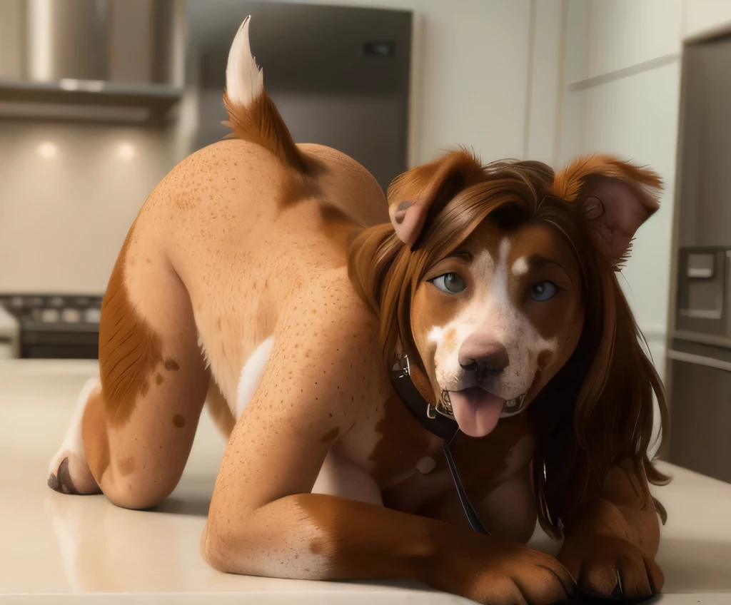((Naked Woman on the kitchen counter on handsandknees)), ((on all four paws)), ((long fluffy dog tail)), ((wider hips)), ((woman reposition herself into dog stand)), ((hands turns into paws)), ((feet turns into paws)), ((woman with freckles)), (topless), brown freckles, freckled pale skin, (cute freckles), (small freckles), freckled, freckles!!!, (freckles), elegant freckles, (brown freckles), (with freckles), freckles on chicks, (dark noticeable freckles), (freckled face), (very brown freckles), rosy cheeks with freckles, (a lot of freckles), Lentigines, (breasts showing), 30 year old woman, ((freckled nose)), ((freckled chest)), hard showing, ((dog ears)) , (dog fur growing) , ((long dog nose)), blue eyes, ((bigger )), ((body reshapes into dog body)), ((anthro dog)), ((full dog transformation)), ((thick body)), ((short dog legs)), ((began like a dog)), a dog that is standing in the street, realistic female faces, with a large breasts, at night time, full front view, who is looking up at it in fear, by :5 sexy: 7, on all fours, she is smiling and excited, anthro art, prosthetic, funny cartoonish, mangy, by :5, by Richard Kane Ferguson