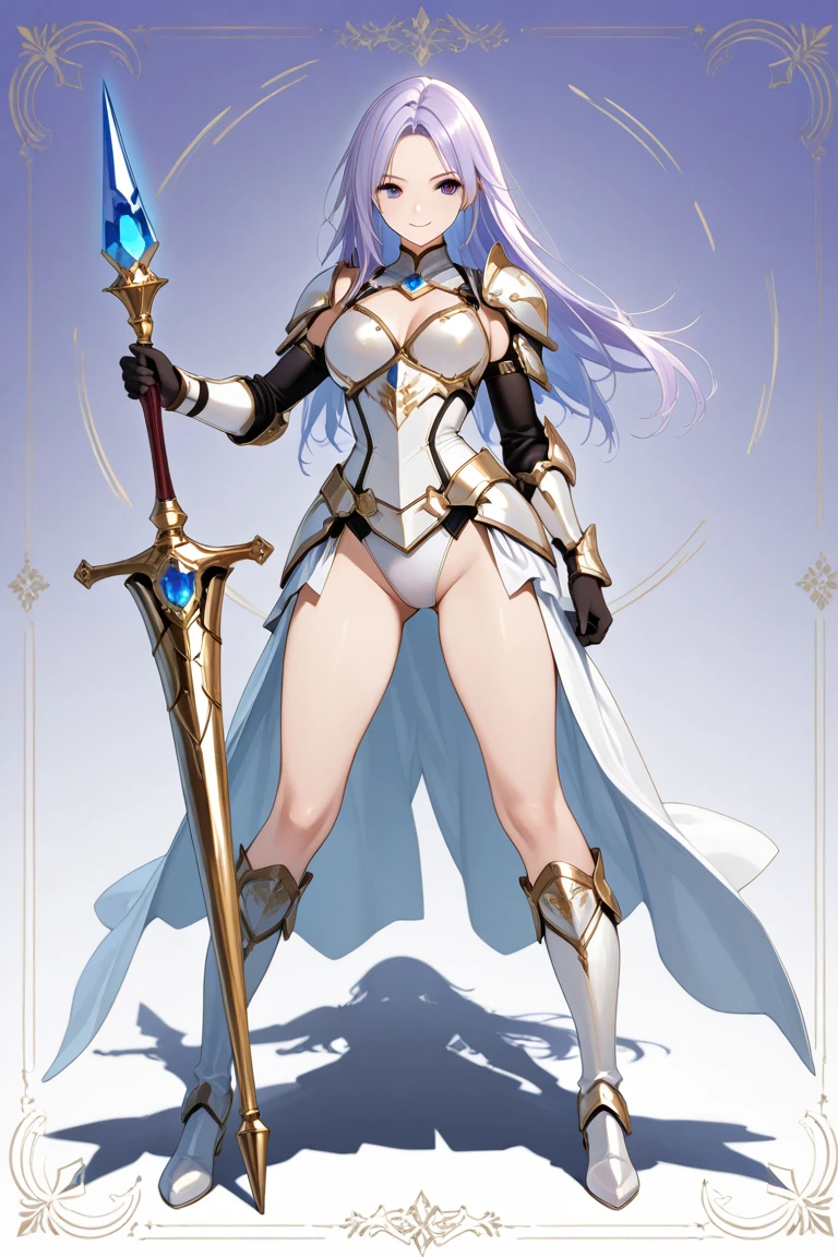 Masterpiece, Best Qulity, 1peafowl girl, perfect face, perfect body, perfect breasts, medium hair, purple hair, blue eyes, white leotard, groin, highleg, highleg leotard, pauldrons, shoulder pads, (full white gloves), (armored gauntlet), (armored boots), tiara, capelet, waist cape, forest, day, standing, (full body), smile