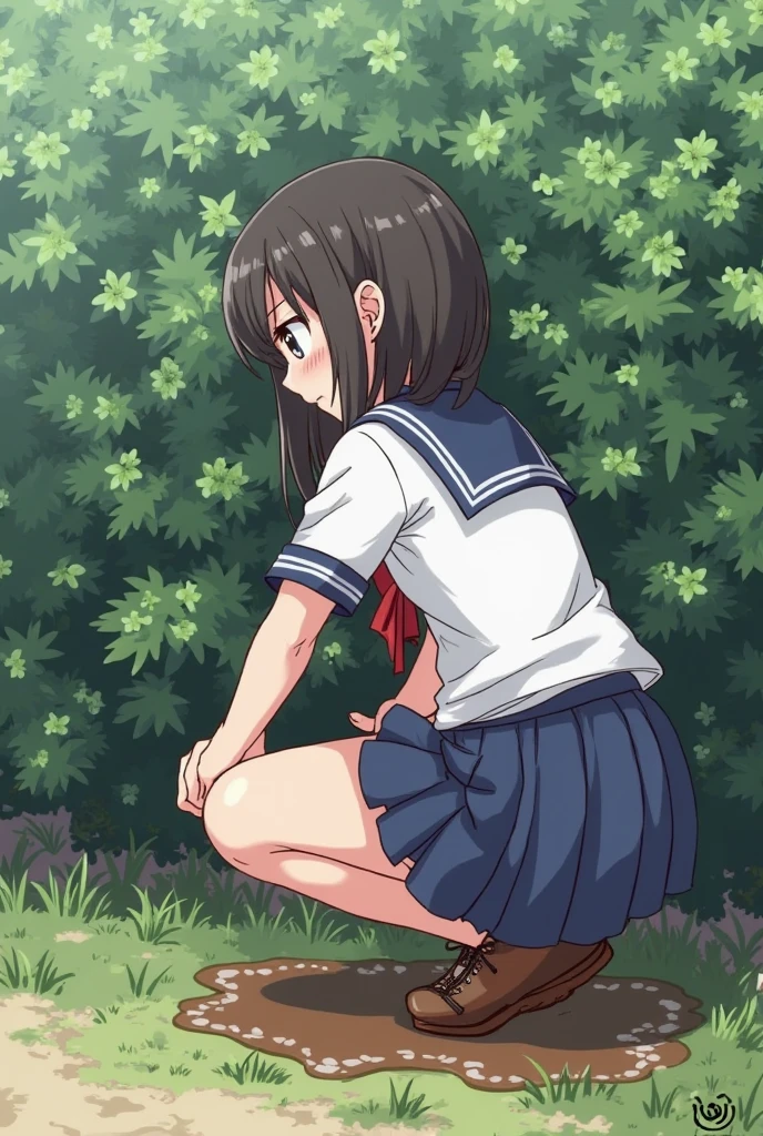 copious sweat from the buttocks, schoolgirl, squatting in the grass,