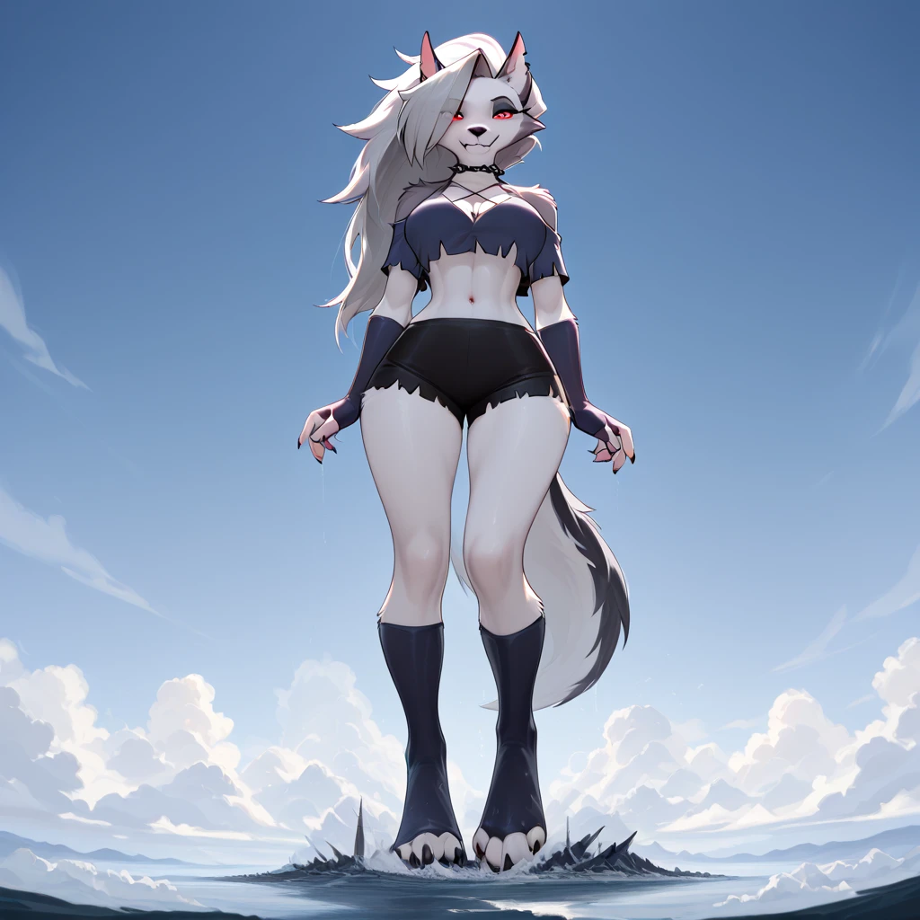a masterpiece, best quality, 1girl, loona hellhound,detailed face, detailed eyes, (slit pupils, white eyes), red sclera, sexy, [smile], [spiked collar], bra, fingerless gloves, legs, digitigrade, showing the ass, slap ass, beach, sunny rays, giant, giant ass