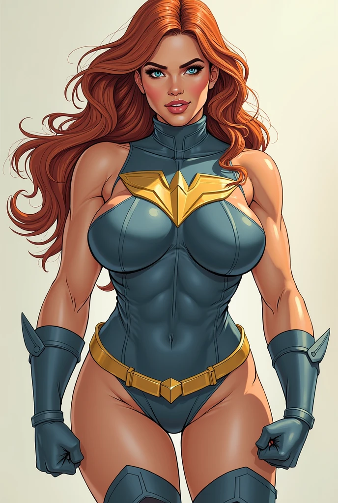 score_9, score_8_up, score_7_up, score_6_up, score_5_up, score_4_up, Sexy, Superheroine, Red hair, long hair, busty, curvy, ((blue highleg leotard with a t-back thong and a gold star insignia on chest)), gold boots, gold gloves