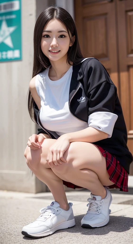Mujer japonesa de piel blanca senos de talla grandes cuerpo completo perfecto con ropa casual negra y calzado deportivo