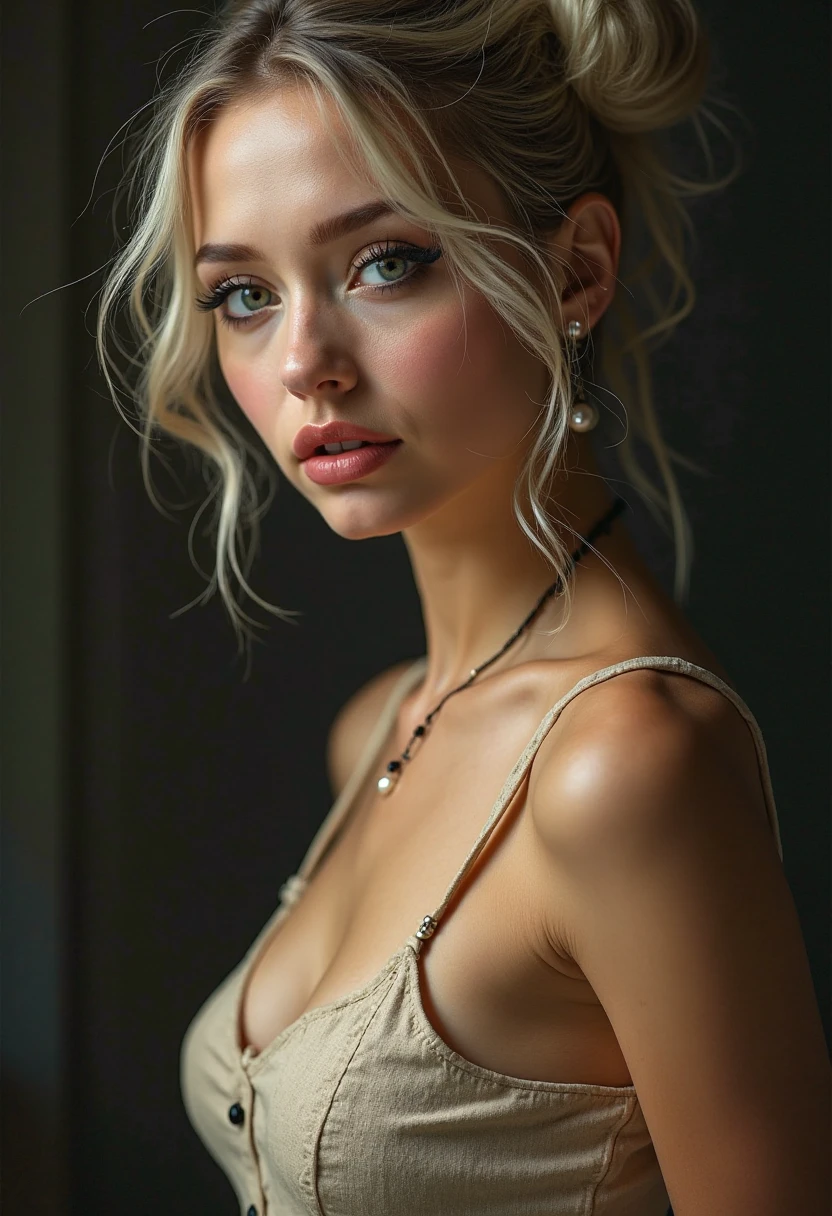 Natural photography of a beautiful girl, wearing a loose crop top, leaning over, long flowing blond hair, big bust, locks eyes into the camera, eyeshadow, symmetrical eyes, symmetrical face, photorealistic, photography, path tracing, specular lighting, volumetric face light, path traced hair, visible shadows, intricate, elaborate, book background