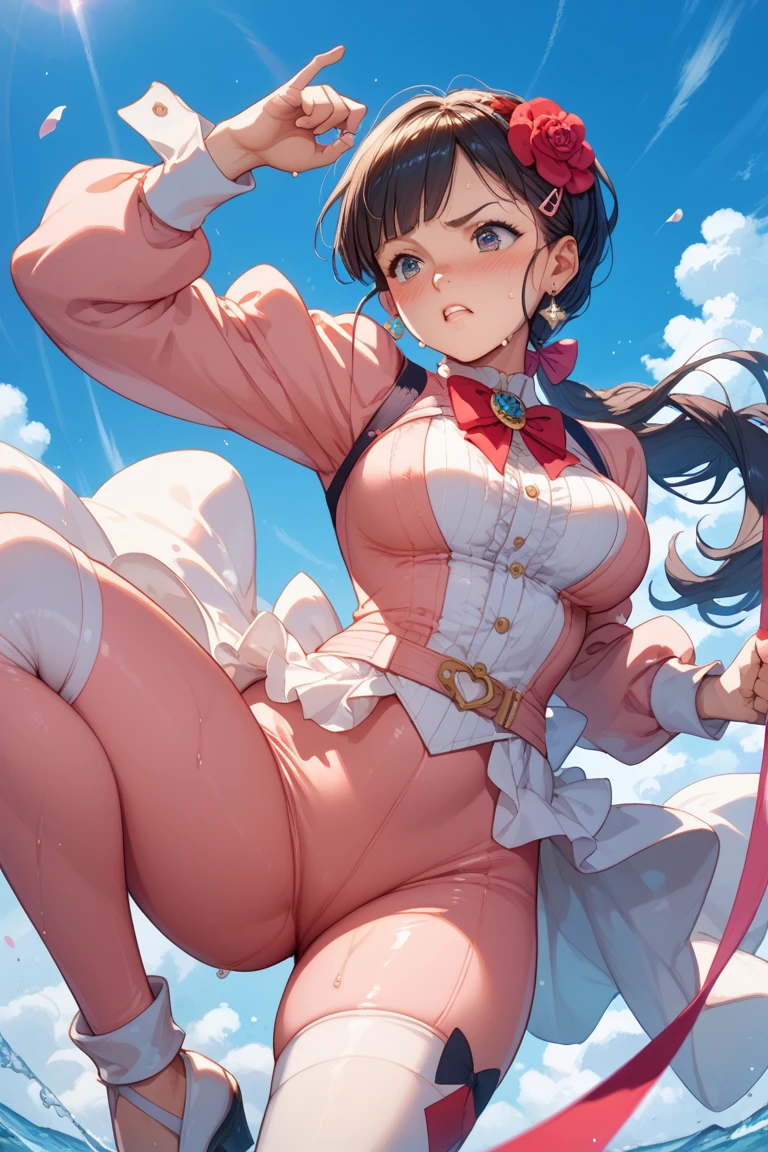 Realistic, hyper-detailed, 1 girl out navel, solo, sv1, sailor senshi uniform, (orange_micro mini_skirt:1.7),(peek from below:1.4),low ungle,(from behind,back shot:1.8), elbow gloves, (tiara:1.3), orange sailor collar, nsfw,bdsm,(shibari over clothes:1.8),(arms behind:1.8),dynamic lighting, (glossy skin, sweaty: 1.5), masterpiece, best quality, absurd , looking at the viewer, black hair, black -tearly-eyes, slender, japanese,20 years old, high resolution, sharp focus, depth of field, detailed eyes, sharp eyes, make up,eye highlights,pink-lip,red-cheek,lame under eyes,(blush,frown:1.8),realistic eyes, (Medium breasts,natural pointy tits: 1.5), (thick thighs :1.0), indoor,(dark_room:1.3), (cameltoe:1.2)