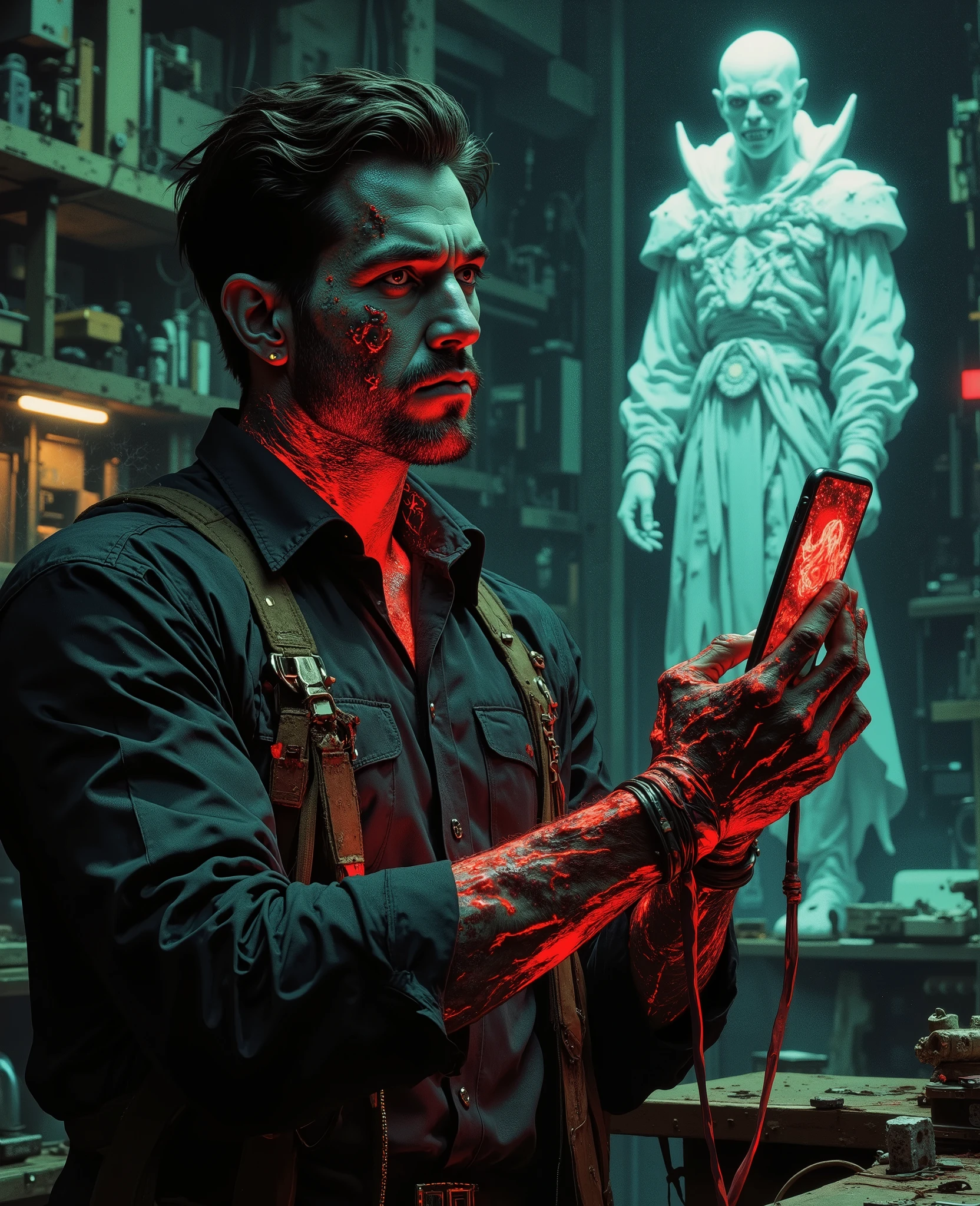 A man with a Mobilephone is poitreating.
Low power in Battery Apocalypse and mobile screen breaks and it becomes Vampire of white shadowed figure
His phone screen wallpaper showing a notification in big fond "going to dies at 5% despite being "plugged in"
Mobilephones showned in image - with The "charging cable" coils around his arm, draining his blood to fuel the battery icon (now a pulsing red heart). Create a fiction theme of His fingers **melt into charging cables**, trying to plug into any outlet—even if it’s just a drawing on a wall.
(His mobilephone's screen wallpaper showing a notification in big font ; "going to dies at 5% despite being "plugged in" )
His phone drops to low battery.
Mobile screen break only at top right corner battery's and a white shadow emerges as vampire is appers form mobiles broken area were glass shattered was attached with tail of vampire
In the body of vampire becomes a silverscrean with projected from mobilephone in build projector which shows **plummets in real-time**, counting down like a doomsday clock
Comments box appears .
New comments box on left side on top corner - The "Low Power Mode" icon with**grows fangs** and a comment box on top right side : *"You should’ve charged me… now you’ll lose everything."*