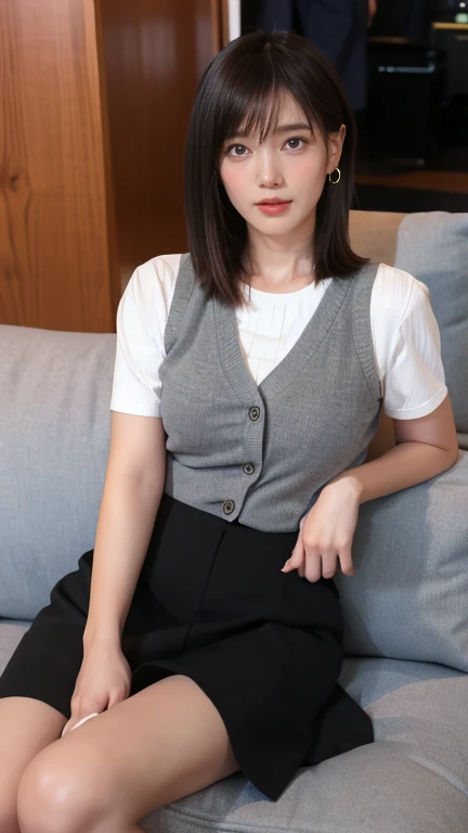 (best qualtiy,8K,32K,tmasterpiece,hyper HD:1.2),1girll,beautiful european woman,a narrow waist,long leges、Bigchest、Light white vest,Open the vest,office lady,Skirt that wraps hips,Highlight your figure、from the front side,office room,Office desk,(stick out buttocks:1.2),Highlight the buttocks,详细的脸,short detailed hair,(No underwear,pantyless、)W Seated