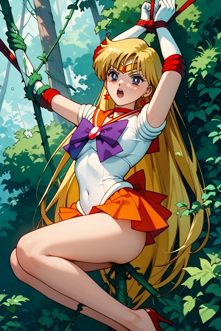 1990s \(style\), 1990s anime cels style, best quality, high resolution, large breasts, 1girl, solo, MinakoAino, bangs, (sailor Venus ,hair bow, elbow gloves, neck ribbon, bangs, long hair, circlet, jewelry, flower earrings, orange sailor collar), blush, embarrassed, orange skirt, ass focus, from behind