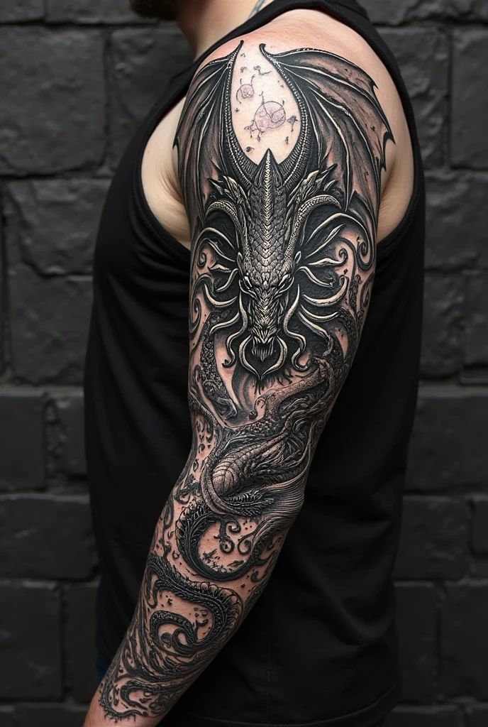 Tattoo of two medieval dragons stroking the back with their heads on the breastplate facing each other