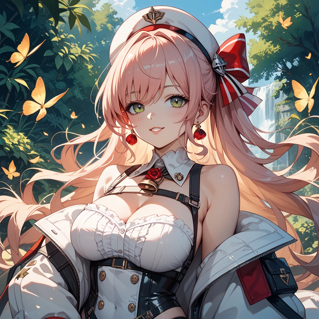 masterpiece, best quality, 8k resolution, sharp focus, intricate detail, beautiful girl, sparkling eyes, golden ratio face, otherworldly liquid, watercolor, pastel colors, bright colors, whimsical, colorful, sharp focus, high resolution, fine detail, ((layered tiered puffy long sleeves ballgown)), ((round eyes)), iridescent bubbles, fantasia background, perseusorigin, flowers, white_dress, angel_wings, white_legwear, cute, flowers, flower, pink flower, rose, anime wallpaper, hdx wallpaper, 1girl, dress, very long hair, solo, breasts, pink hair, smile, white dress, looking at viewer, cleavage, frills, frilled dress, pink eyes, bangs, wide sleeves