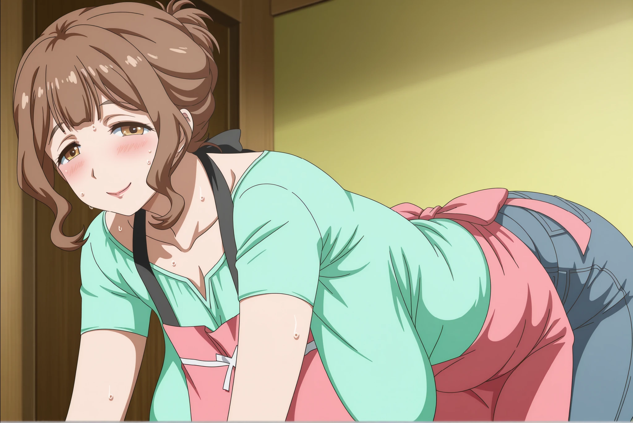 score_6_up, best quality, anime screencap, 1girl, ochako uraraka, brown hair, short hair, big breasts, big ass, pink bra, pink pantie, from behind view, (standing), (1boy, size difference), grabbing ass, Grasp, in front of door, one hand grab, back view, in door, (side by side)