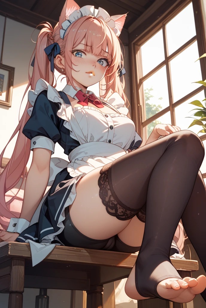 highest quality、masterpiece、((1 girl:1.5))、((smile:1.3))、(blush:1.4)、Black Shirt、blouse、((fun!!))、(Small breasts)、(Pink)、Blonde、(Long sleeve)、((White apron:1.5))、((Maid))、((hair ornaments)),、Kamimei、look at me、 ((in house:1.5))、 Taking a break from watching the audience、Cowboy Shot、((Shaved:1.5))、(Roll-up skirt:1.3)、(Fully exposed and highly detailed labia:1.5)、((Skirt lift:1.5)),()、()、、(スカート that rolls up:1.3)、()、Light blue eyes、long hair、Glowing Eyes