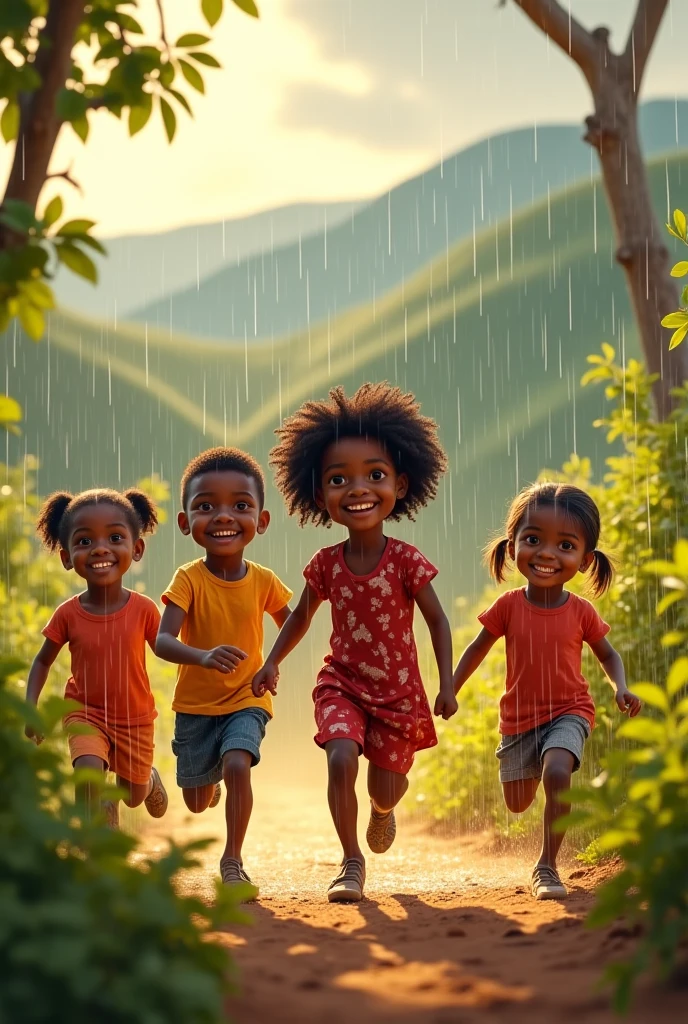 African child in fat body running by his mommy, during rain fall