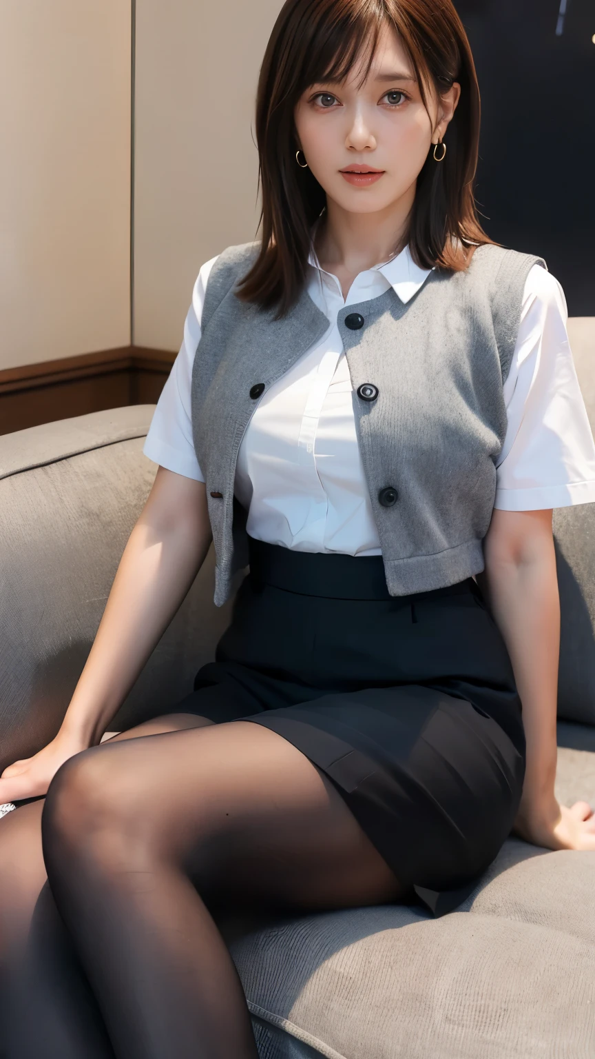 最high quality, In 8K, masseter area , lively, sharp concentration in nude clothes, high quality, high definition, detailed face, fine grain, (Staring at the Audience), alone, beautiful woman highlighting her lower lip, 0, Japanese Women, (short black hair with waist:1.4)、(bob hair:1.4), Chest, Lunch Break、(Sitting straight on the couch in the bedroom:1.3)、(full body photo:1)、(Japanese Women)、(Mitsubishi Bank uniform:1.8), ( she wears a gray vest over a white blouse:1.5), the vest has 3 black buttons, 、(dark gray pencil skirt 5 cm above the knee)、(beige stockings)(black pumps at Haneda Airport:1.5)、(Red lipstick::1.Standard Body Type)、(D Cup Breasts)
