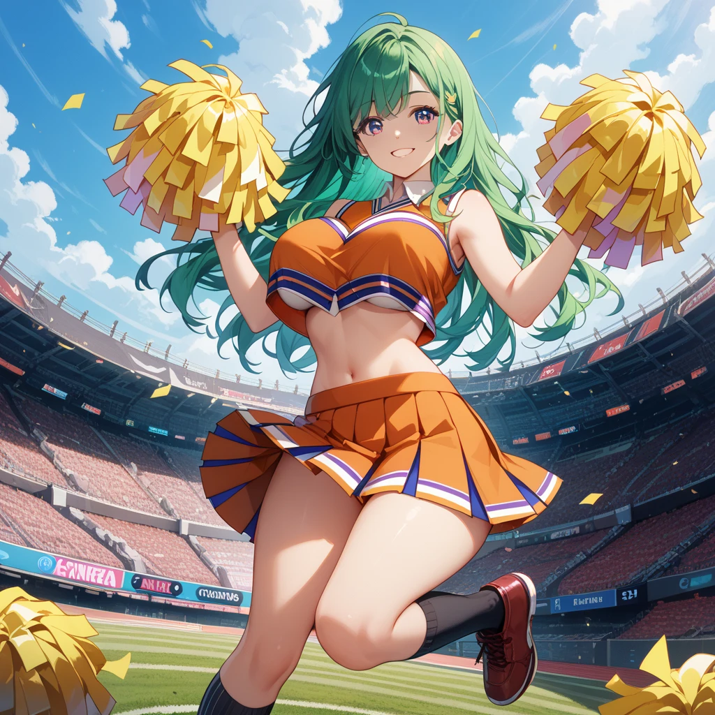 ((1 female)), erotic, desire, desire, charm, sexy, mature body, despicable, big breasts, small ass, joy, Excited, Sweat, cheerleader, detailed and beautiful eyes, beautiful detailed lips, highly detailed eyes and face, long eyelashes, long blonde hair, calm expression, soft lighting, Open atmosphere, stadium, Sweatを流して.