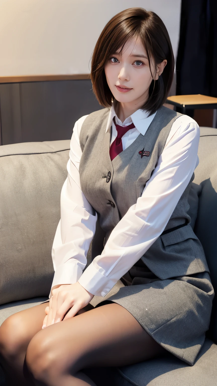 最high quality, In 8K,  masseter area , lively, sharp concentration in nude clothes, high quality, high definition, detailed face, fine grain,  (Staring at the Audience), alone, beautiful woman highlighting her lower lip, 0, Japanese Women, （short black hair with waist:1.4）、（bob hair:1.4）, Chest, Lunch Break、（Sitting straight on the couch in the bedroom:1.3）、（full body photo:1）、（Japanese Women）、（Mitsubishi Bank uniform:1.8）, （ she wears a gray vest over a white blouse:1.5）, the vest has 3 black buttons, 、（dark gray pencil skirt 5 cm above the knee）、（beige stockings）（black pumps at Haneda Airport:1.5）、（Red lipstick::1.Standard Body Type）、（D Cup Breasts）