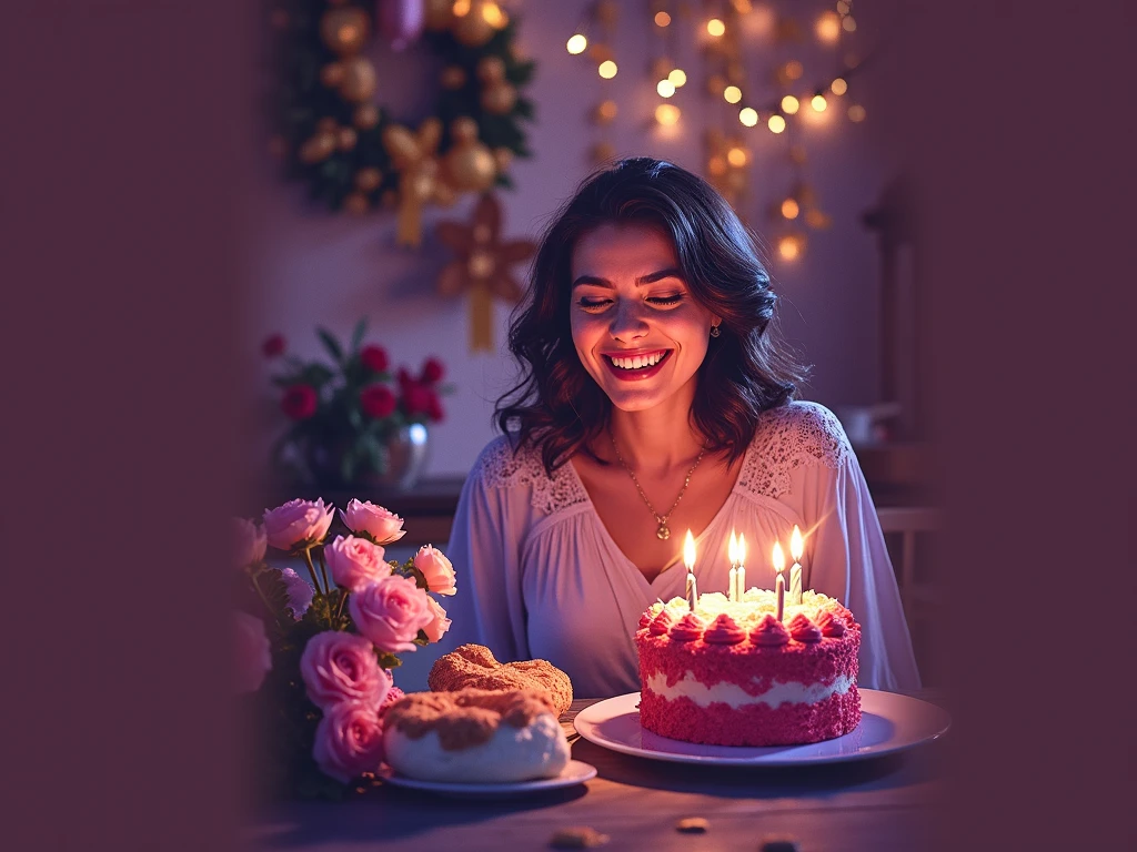 In a warmly lit, elegantly decorated living room, a beautiful lady leans forward, her smile exuding warmth as she presents a beautifully crafted birthday cake. The cake, featuring intricate designs and the words "Happy Birthday Fereshteh" in perfect, high-quality icing, enhances the cozy and luxurious ambiance of the room. The scene is captured with hyper-realism.

