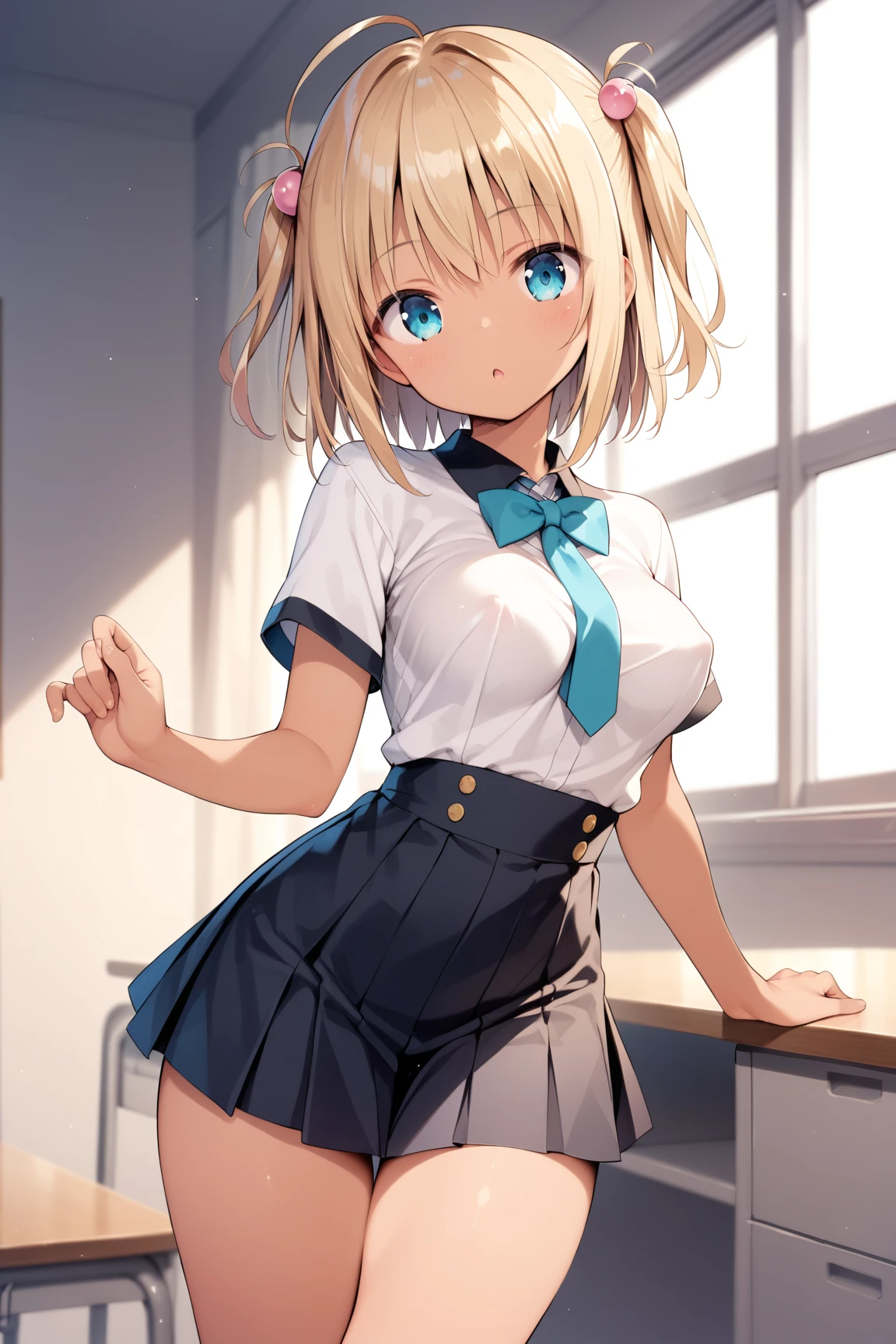 Modest, Shy, Infinitely cute and beautiful, sporty figure, pumped up athletic girl ; Blonde with short hair, with small neat elastic breasts; with relief muscles; big blue eyes, long eyelashes, A slight blush, nice smile; high school uniform (white shirt, black skirt, pantyhouse, tie, Shoes); school classroom, soft light; Full-length photography from a short distance; Anatomical realism, higly detailed, high quality textures