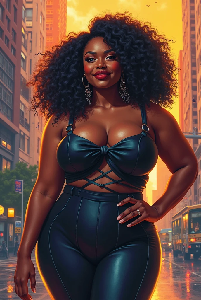Hyper realistic, very fat black girl, dynamic lighting, very detailed, hydrated black skin, medium hair, curly hair, nerdy glasses, big boobs. Running in the rain, wet clothes, nipples, cold rainy night, night lighting, city lights