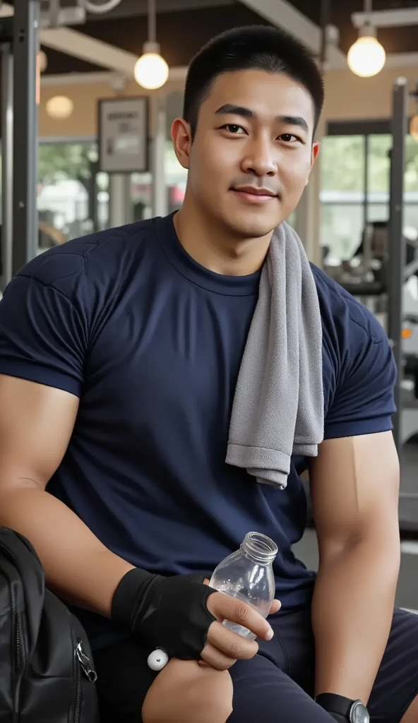 masterpiece, best quality, high resolution, Practical, Handsome, Photogenic, Shank, SFW, A photo of a 35-year-old gym fraternity (man:1.2) portrait, Standing in the gym , Do military news, weight, amazing , Short flat head,Stubble , (muscular),Looking at the audience, Flirting with the camera, charming, (Tight-fitting white sweatshirt ),(GS-positive:1), 8K Ultra HD