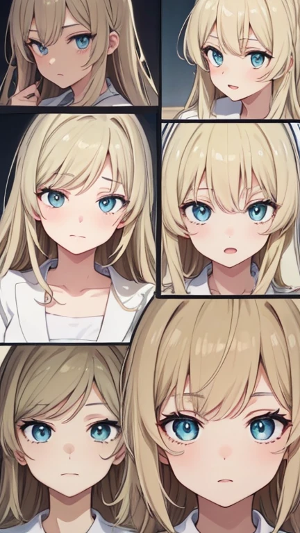 a set of four images of a blonde haired girl with blue eyes, anime moe artstyle, made with anime painter studio, painted in anime painter studio, semi realistic anime, realistic anime 3 d style, high detailed face anime, realistic anime art style, anime style portrait, semi - realistic anime, anime art style, anime realism style, realistic anime artstyle