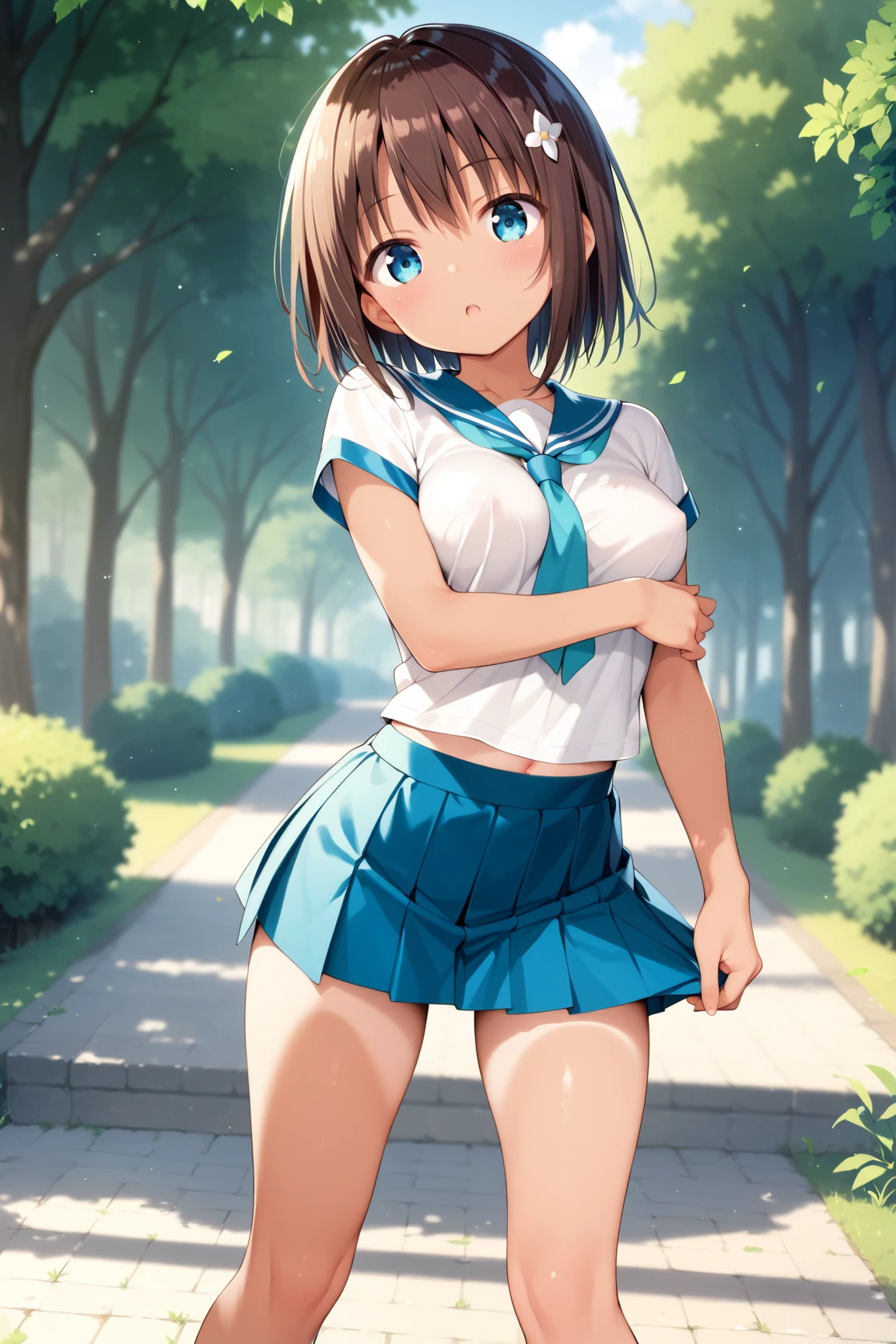 ((masterpiece)), ((of the highest quality)), (非常にdetailed), ((Beautiful)), ((sexy)), (device), ((detailed)), 4k, (8k), of the highest quality, (beautiful),(A woman),White Gal,1,,(the height is 150 cm),White skin,shot from behind, Squatting in the park,((whole body)), thick outline, (schoolgirl uniform :1.5), (White short sleeve crop top,navy blue pleated skirt),beautiful light brown hair,squat,thin thighs,small butt, (Turn your ass towards me),Pay attention to the butt,under the skirt,(thong panties), smile,(embarrassed expression,embarrassing,Teeth are visible.), (Lift her skirt from behind and show her buttocks),