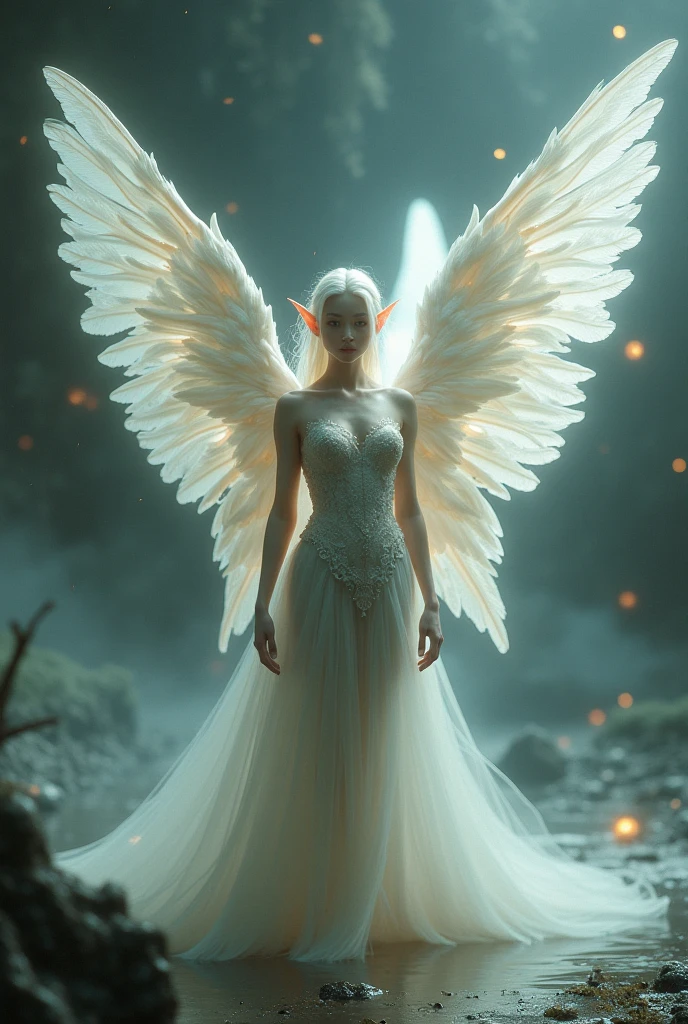 Full body angel with stretched wings in heaven