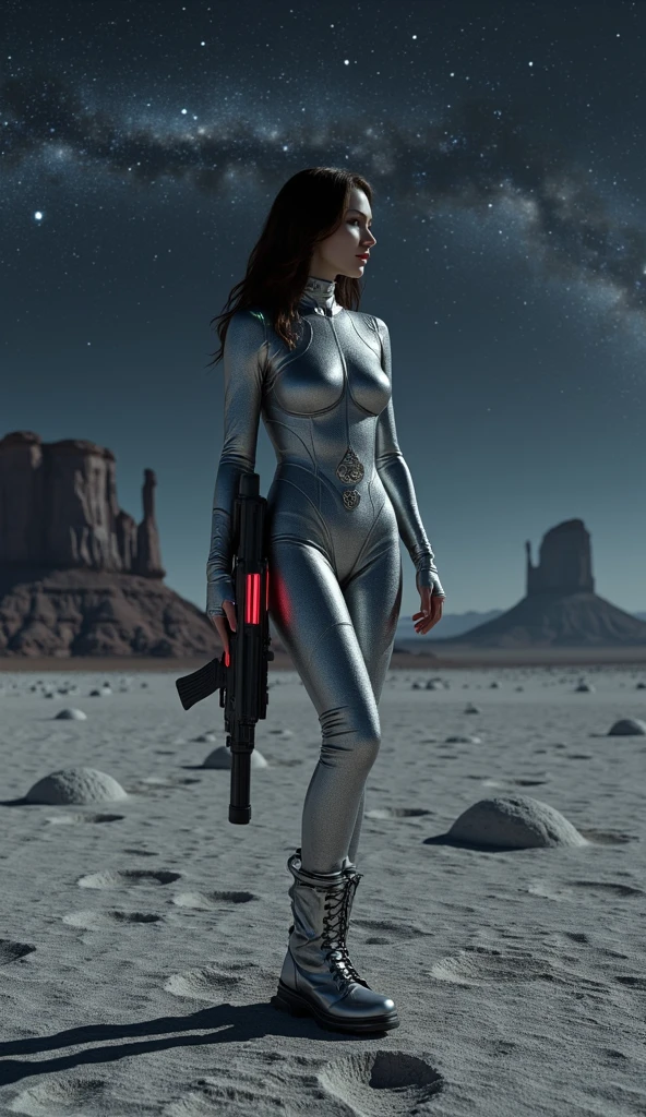 arafed woman in a space suit holding a gun in a desert, as a retro futuristic heroine, kylie minogue as barbarella, as a retrofuturistic heroine, silver space suit, hajime sorayama style, “ femme on a galactic shore, inspired by hajime sorayama, abbey lee kershaw as emma frost, white cyborg fashion shot