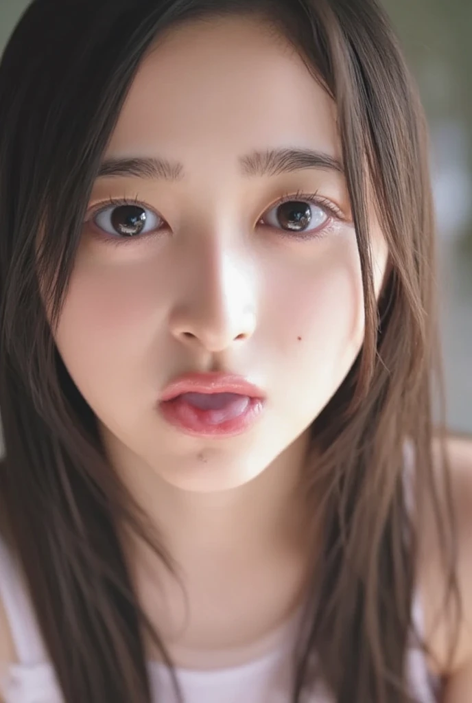 Dressed, (photo Realistic:1.4), (hyper Realistic:1.4), (Realistic:1.3), (Smoother lighting:1.05), (映画の照明Improvement of quality:0.9), 32k, One Girl,12-year-old girl, Realistic lighting, Backlight, Light on the face, Ray Tracing, (Bright light:1.2), (Improvement of quality:1.4), (Highest Quality Real Texture Skins:1.4), Detailed drawn eyes, Face drawn in detail, quality eyes, (tired, Sleepy and satisfied:0.0), Face close-up, (Enhances the body line:1.1), (Enhances the beauty of skin texture:1.1)、Open your mouth wide、Extend a long tongue from your mouth、