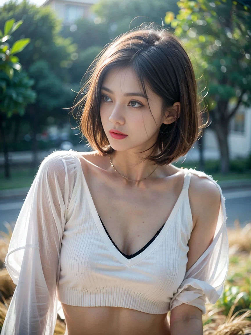((Realistic lighting、highest quality、8k、Master masterpieces:1.3))、clear focus:1.2、1 girl、perfect body beautiful:1.4、slim abs:1.1、whole body、((dark brown hair、big deal,,:1.3))、(acceleration:1.4)、(outdoor、night:1.1)、View of Waikiki Beach、face slimming、beautiful eyes、double eyelids、poses of fashion models、flowing hair、Plumeria hair ornament、t-shirt、pendant、