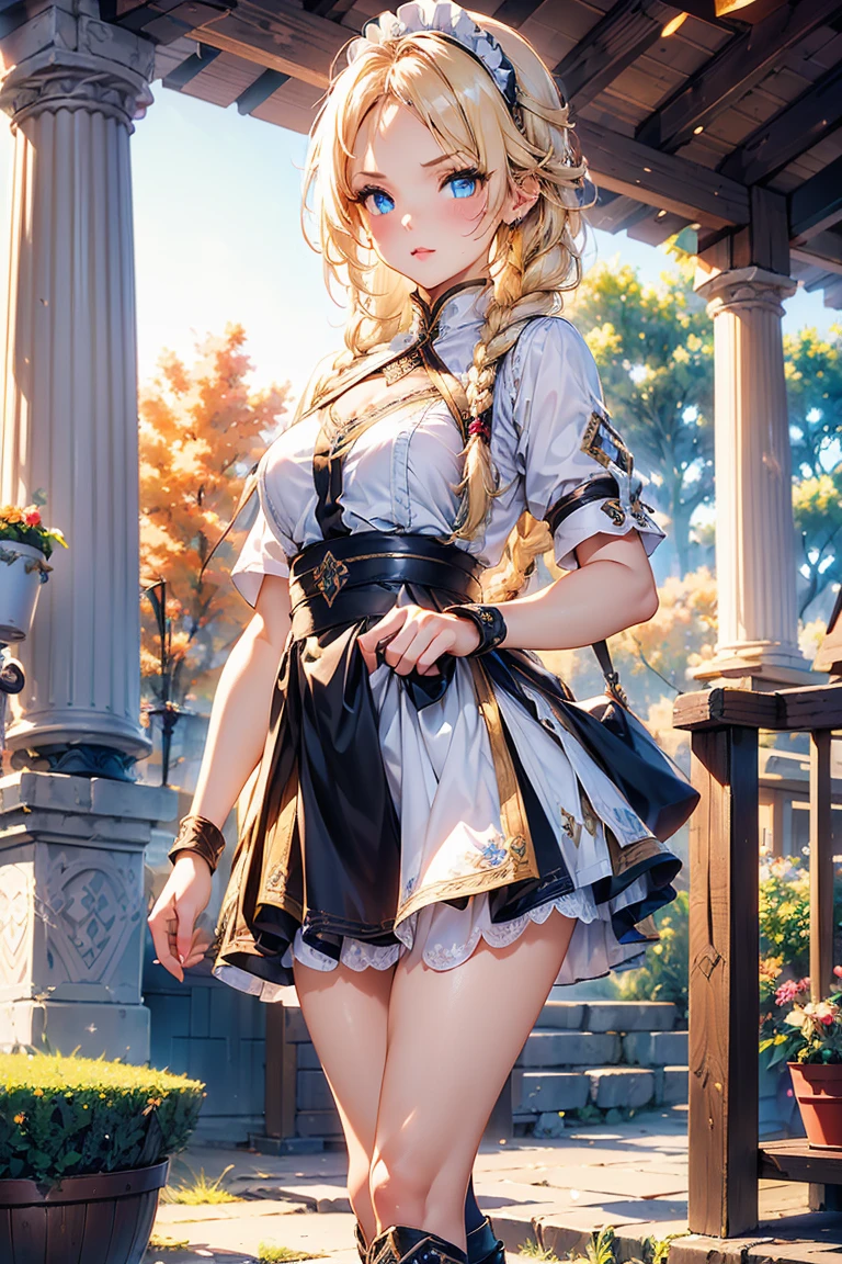 (Masterpiece), (Ultra detailed), (Full body: 1.2), 1 girl, chibi, cute, smile, bangs, blonde, short hair, dragon horn, (forest: 1.3), (flower: 1.5), elf ears, depth of field, tree, handy legs, (beautiful detail face), (beautiful detail eyes), blur, (best quality)