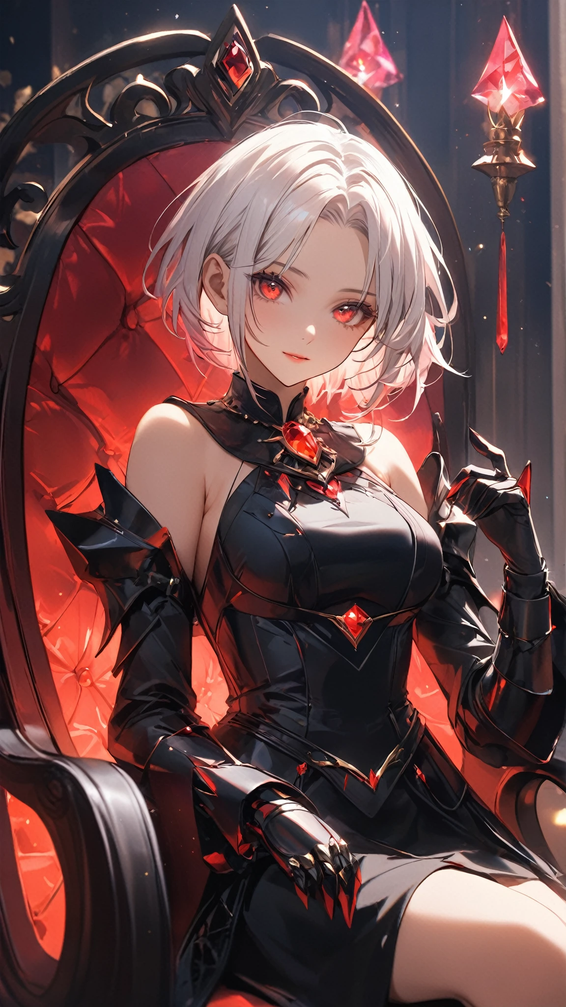 (Masterpiece, Side Light, Fine Beautiful Eyes: 1.2), (Masterpiece* Portrait), Portrait, (Bust), Realistic, Anatomically Correct, 3D Face, Sweet Skin, (Solo), Highlights, Gradient Hair, (Close-up of Face), Cute Face, (Fire Opal General Scarlet Eyes), Hanging Eye Corner, ((High Detail Skin, Visible Pores)), (Perfect Figure), A Beautiful Girl, Small Tits, (((Dress)), (Neck Ring), Very, Very Short Short Glove, (Chain)