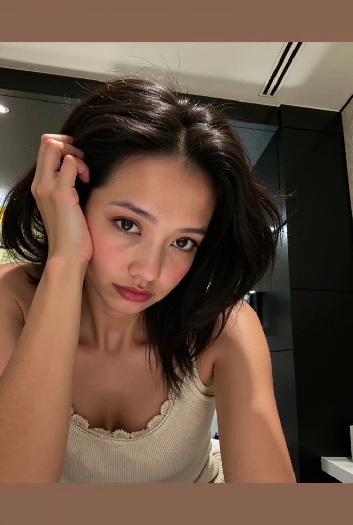 beautiful japanese wife,image of one woman、close up of face、smooth skin、masterpiece、highest quality、8k photo,30 generation women、knit sleeveless,middle-aged women、Bring your face closer to the audience, Oily and glowing skin,sweaty skin,hotel room door,A woman who opens the door and welcomes you.,