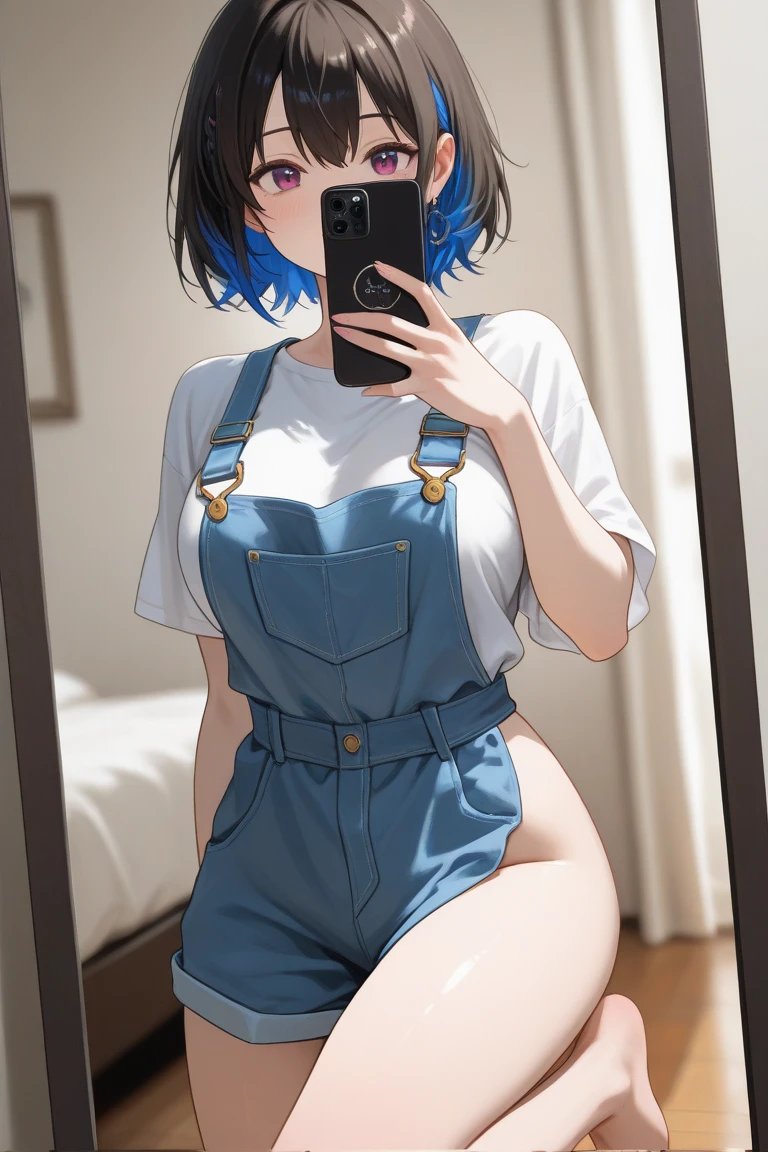 a one woman, voluminous short hair, blue colored eyes, overalls, naked, new, sharing the pussy, seducing gaze, breasts showing, sexy